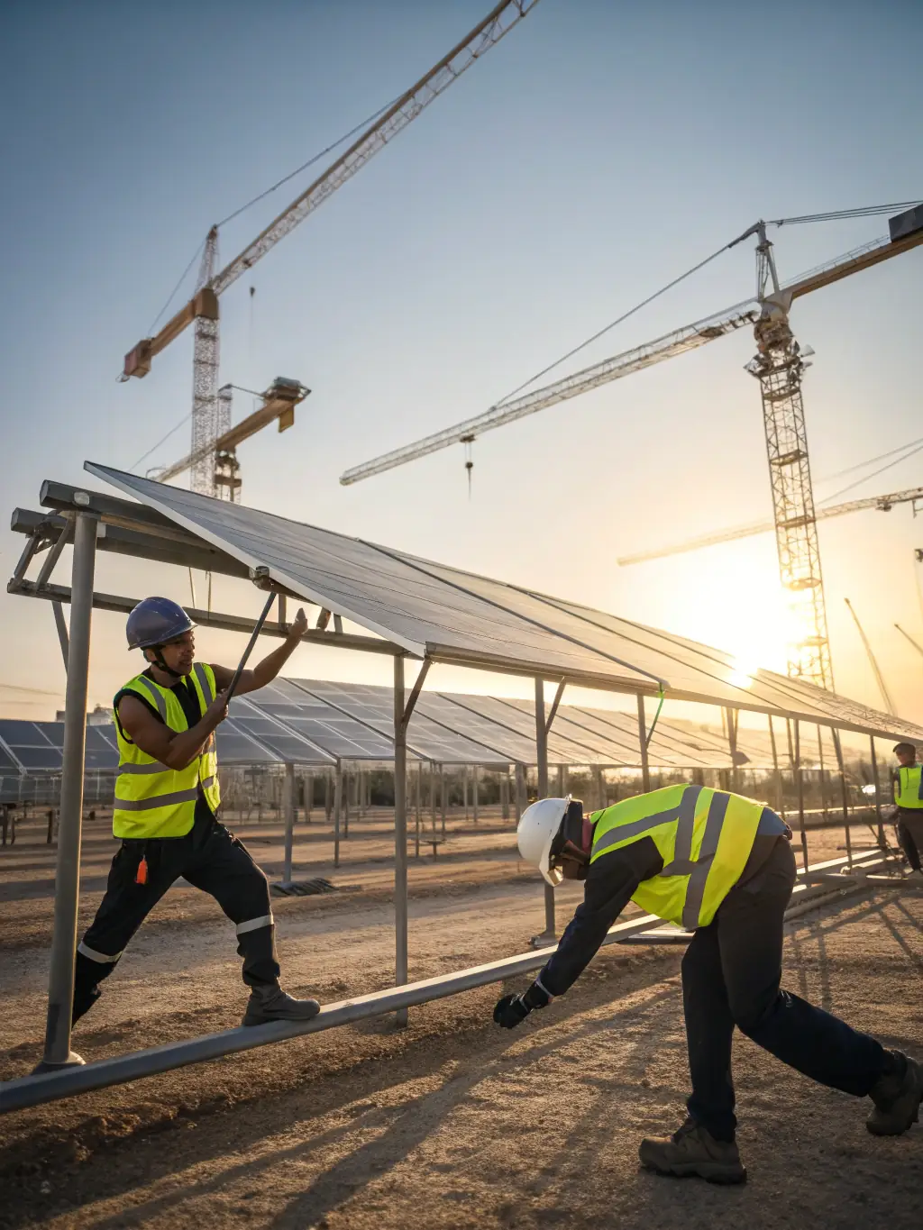 An image of a construction site where solar panels are being installed by a team of workers, highlighting the construction phase of a solar project.