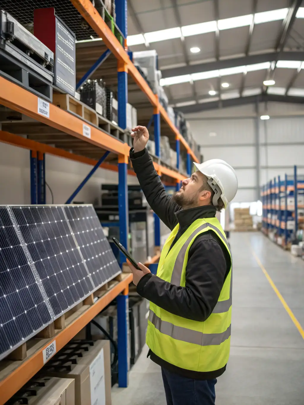 A photograph of a supply chain specialist in a warehouse, overseeing the procurement of high-quality solar components.
