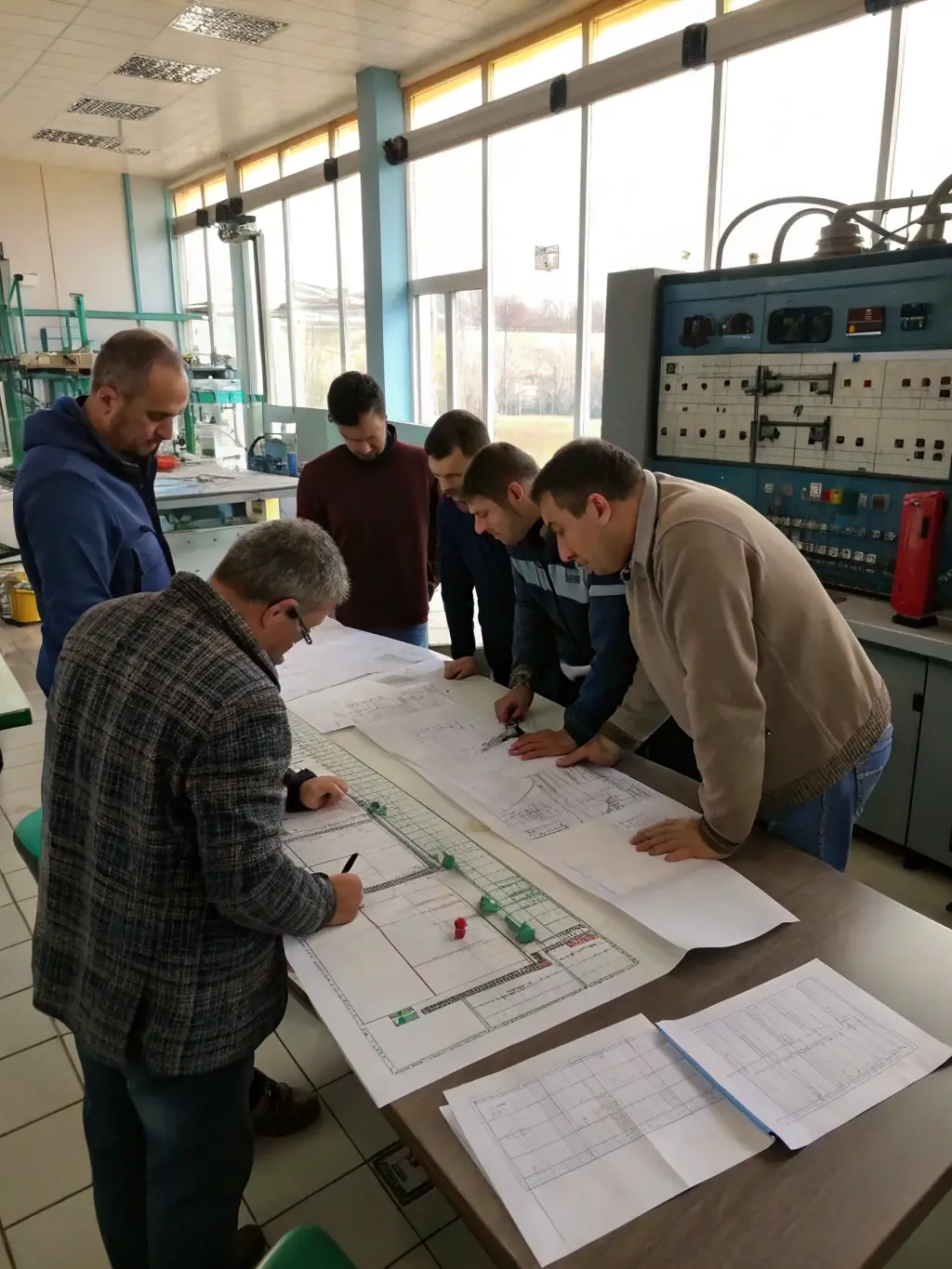 A detailed image showcasing the design phase of a solar power plant project, with engineers working on blueprints and computer models.