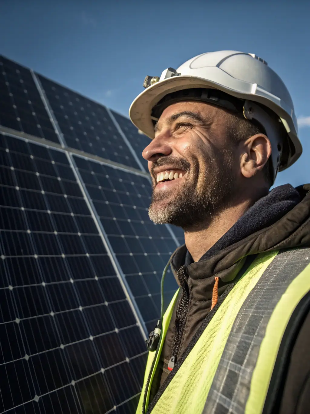 An engineer inspecting a solar panel installation with a tablet in hand, focusing on quality control and performance optimization. This image represents Gauresh Enterprises' engineering expertise.