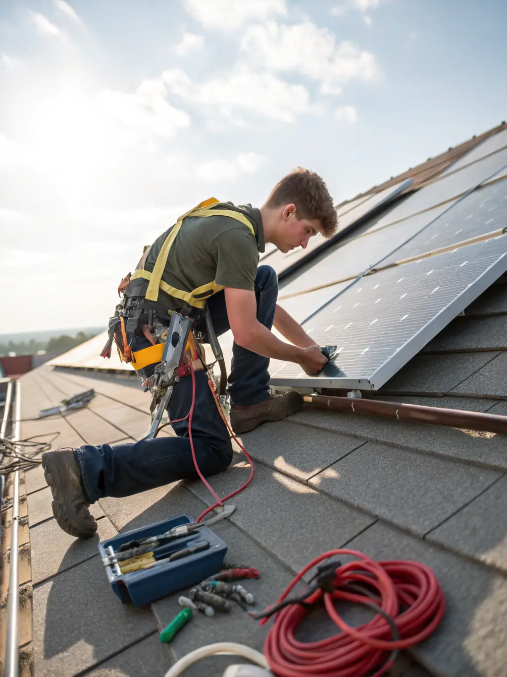 A construction crew installing solar panels on a rooftop, demonstrating the precision and expertise involved in the construction phase. This image represents Gauresh Enterprises' construction capabilities.