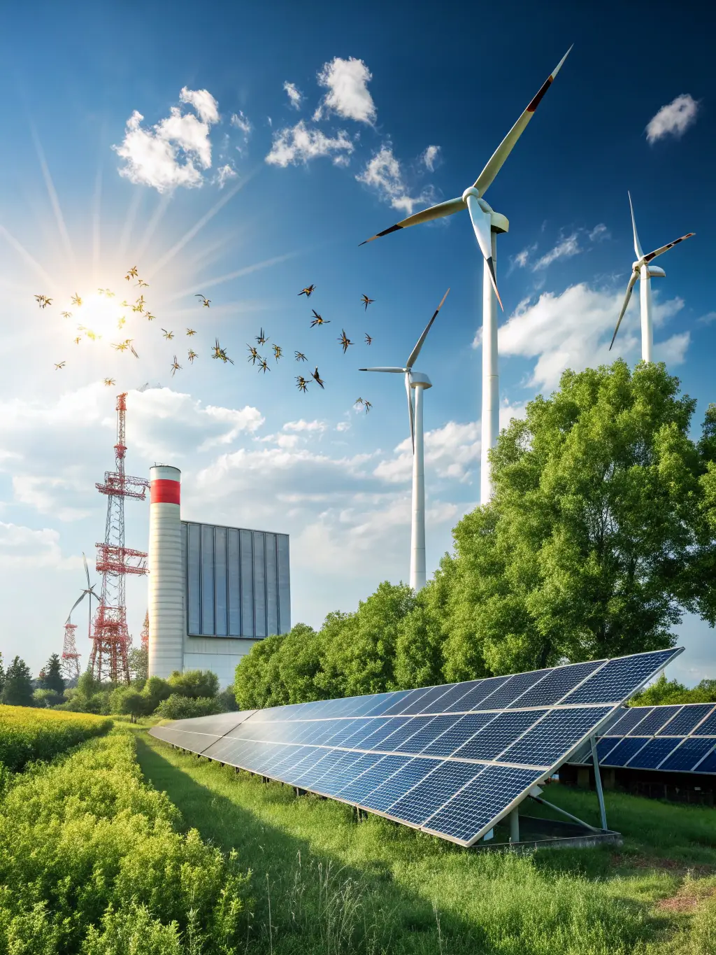 A detailed architectural rendering of a solar power plant design, showcasing innovative layout and efficient energy capture, set against a clear blue sky. This image represents Gauresh Enterprises' design capabilities.