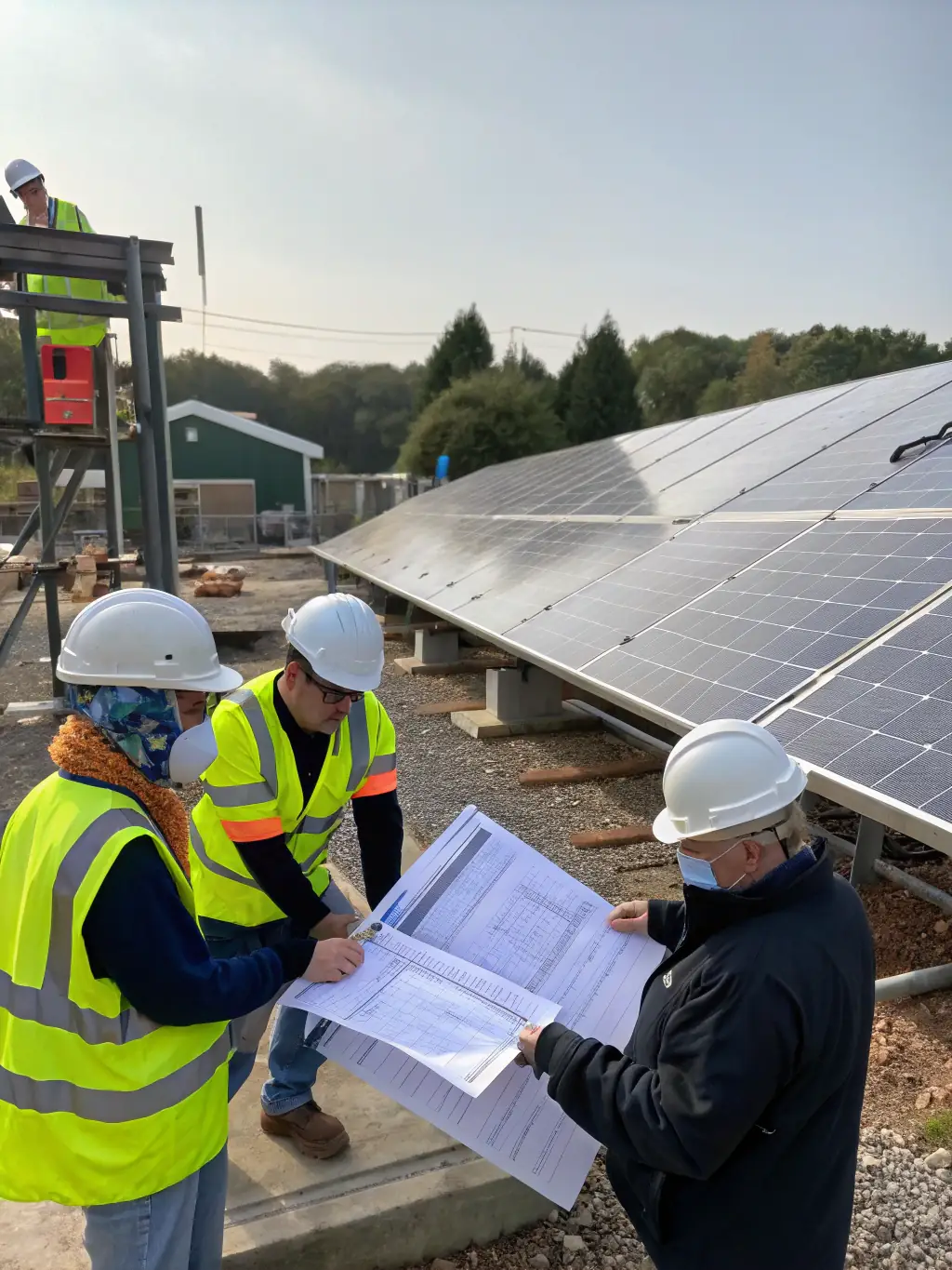 A logistics team managing the delivery of solar panels to a construction site, emphasizing the seamless coordination and timely delivery of materials. This image represents Gauresh Enterprises' procurement capabilities.